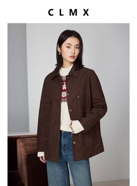 CLMX仿麂皮绒风格面料+白鹅绒复古拼接翻领落肩长袖贴袋羽绒外套