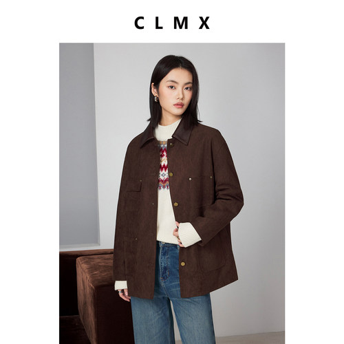 CLMX仿麂皮绒风格面料+白鹅绒复古拼接翻领落肩长袖贴袋羽绒外套