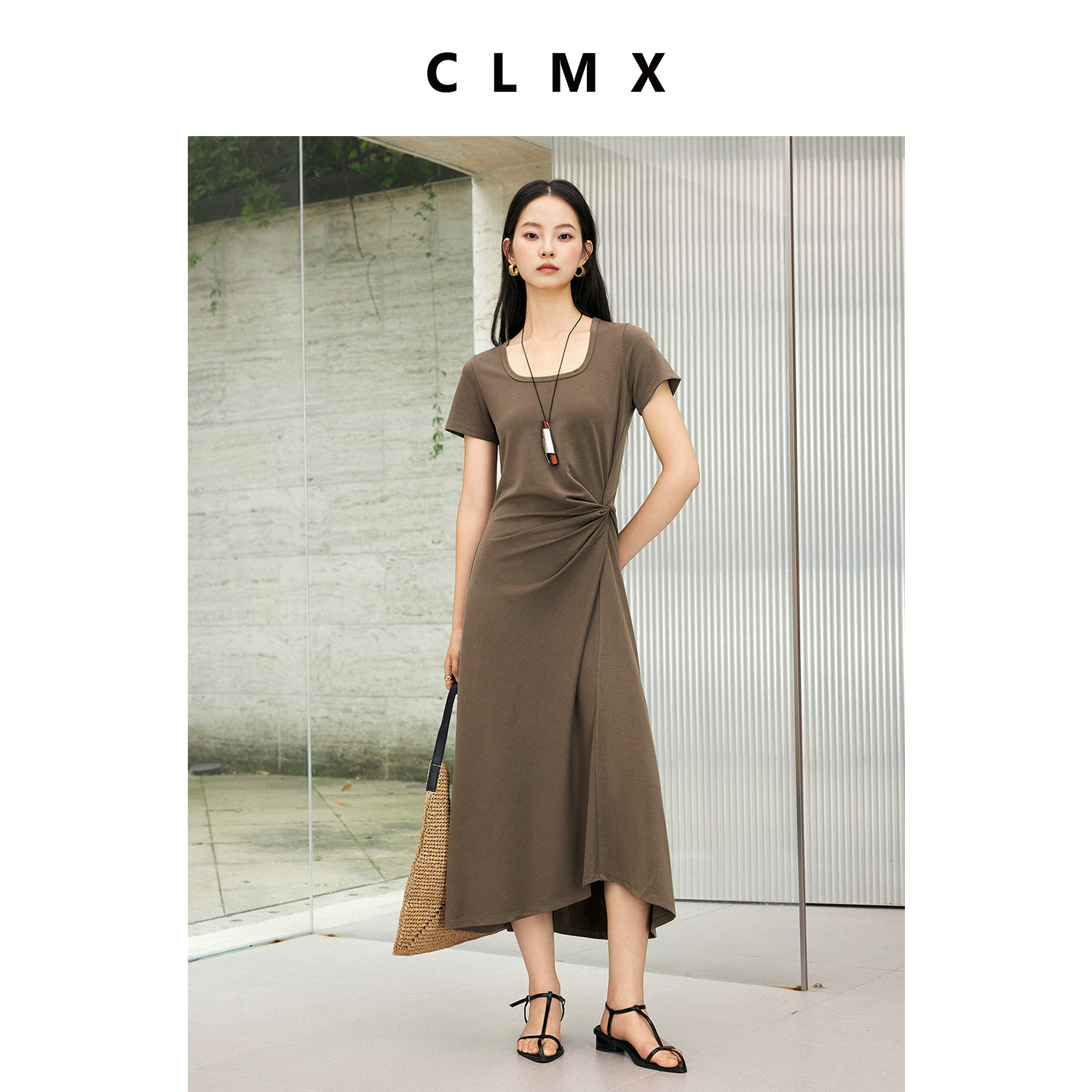 CLMX修身弹力A字短袖连衣裙