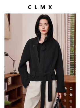 CLMX秋季纯色系带针织衫柔软蓬松100%羊毛纱线面料通勤开衫上衣女