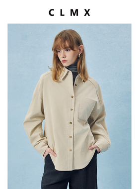 CLMX立体细坑全棉灯芯绒面料 复古巴恩风多穿门襟条绒翻领衬衫