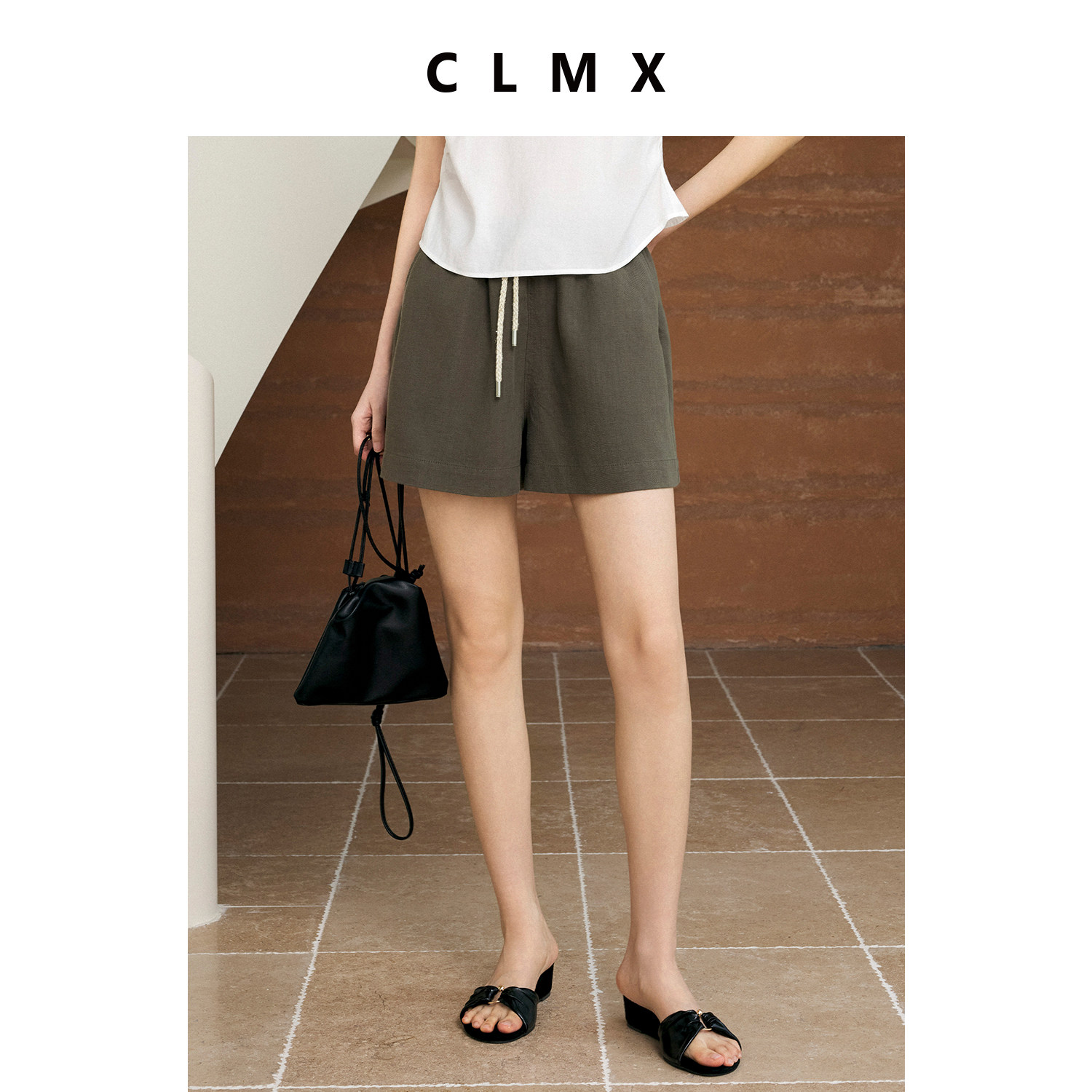 CLMX莱赛尔亚麻抽绳直筒短裤女