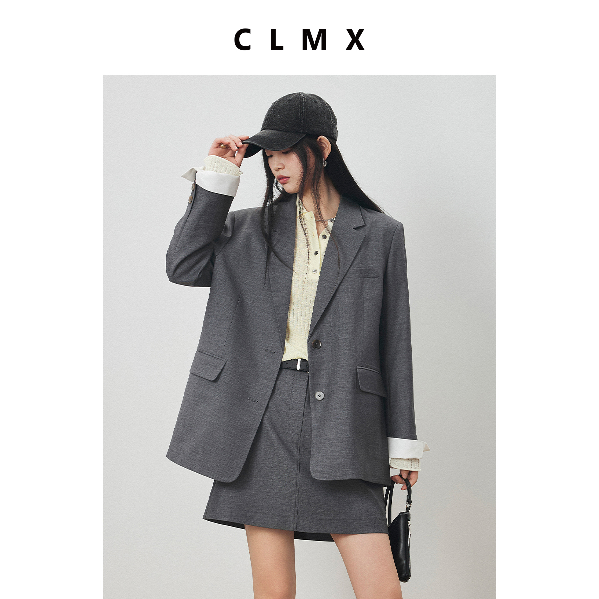 CLMX十字纹肌理精纺羊毛西装面料 老钱风拼接袖口西装/半裙2件套
