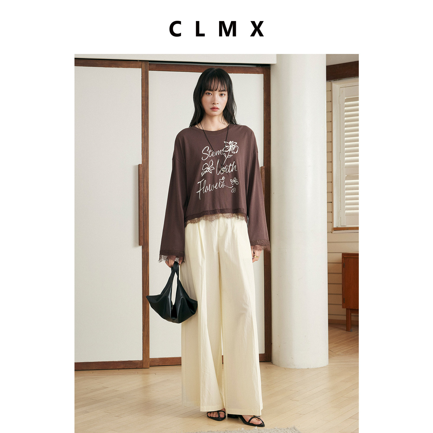 CLMX亚麻棉印花条纹圆领长袖T恤女春季拼接蕾丝气质宽松短款上衣