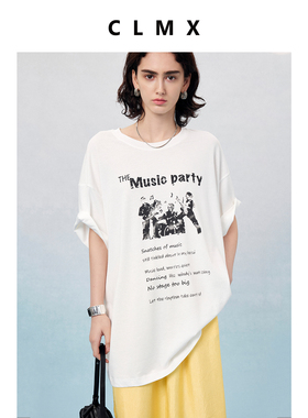 CLMX夏季休闲通勤上衣莱赛尔汉麻面混纺面料复古印花T恤女
