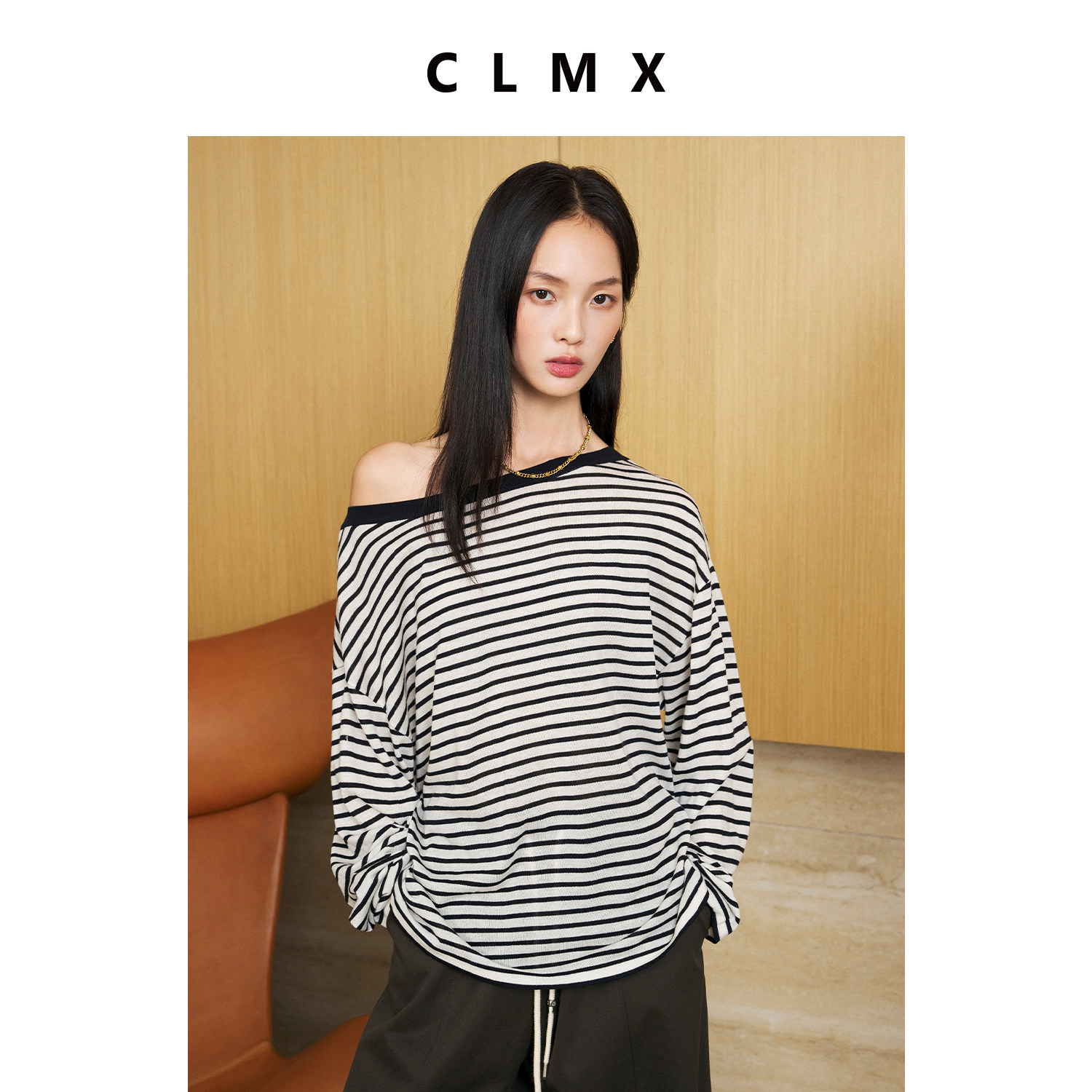 CLMX绵羊毛一字领条纹针织衫女