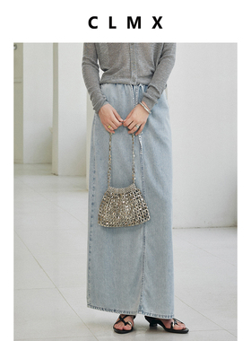 CLMX清凉软垂莱赛尔牛仔面料 休闲感抽绳松紧腰宽松直筒牛仔裙
