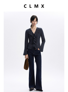 CLMX显瘦有型微喇修身叠衩牛仔裤水洗工艺棉混纺面料秋季通勤裤子