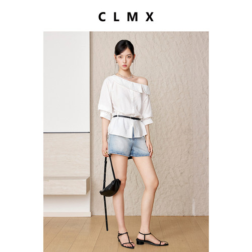 CLMX法式斜肩泡泡袖衬衫女