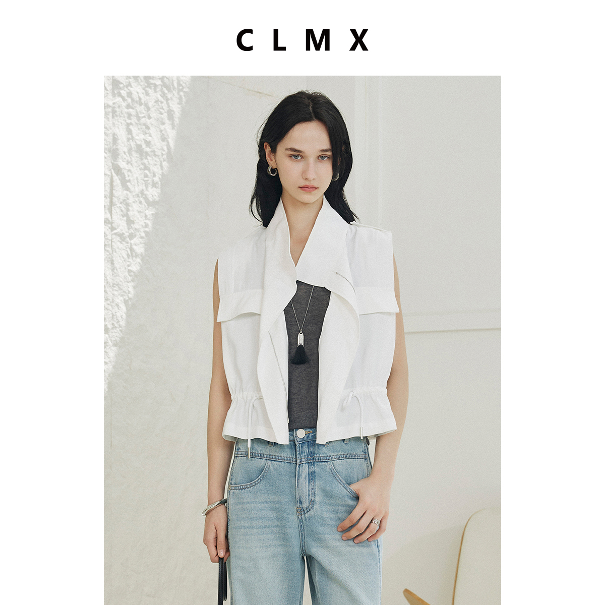 CLMX挺阔有型高密斜纹涤粘混纺面料工装造型抽绳腰小宽肩无袖马甲