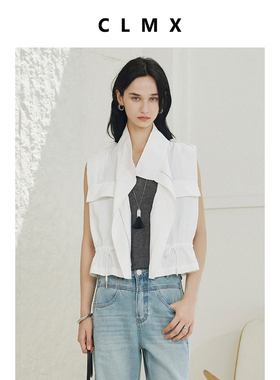 CLMX挺阔有型高密斜纹涤粘混纺面料工装造型抽绳腰小宽肩无袖马甲