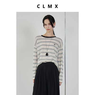 CLMX莱赛尔亚麻纱 透气舒适叠穿风圆领拼色长袖条纹针织T恤