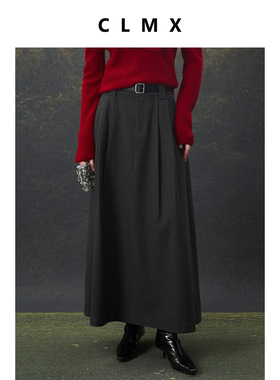 CLMX亲肤磨毛绒感斜纹双层软薄羊毛呢 复古通勤风A摆半身裙赠腰带