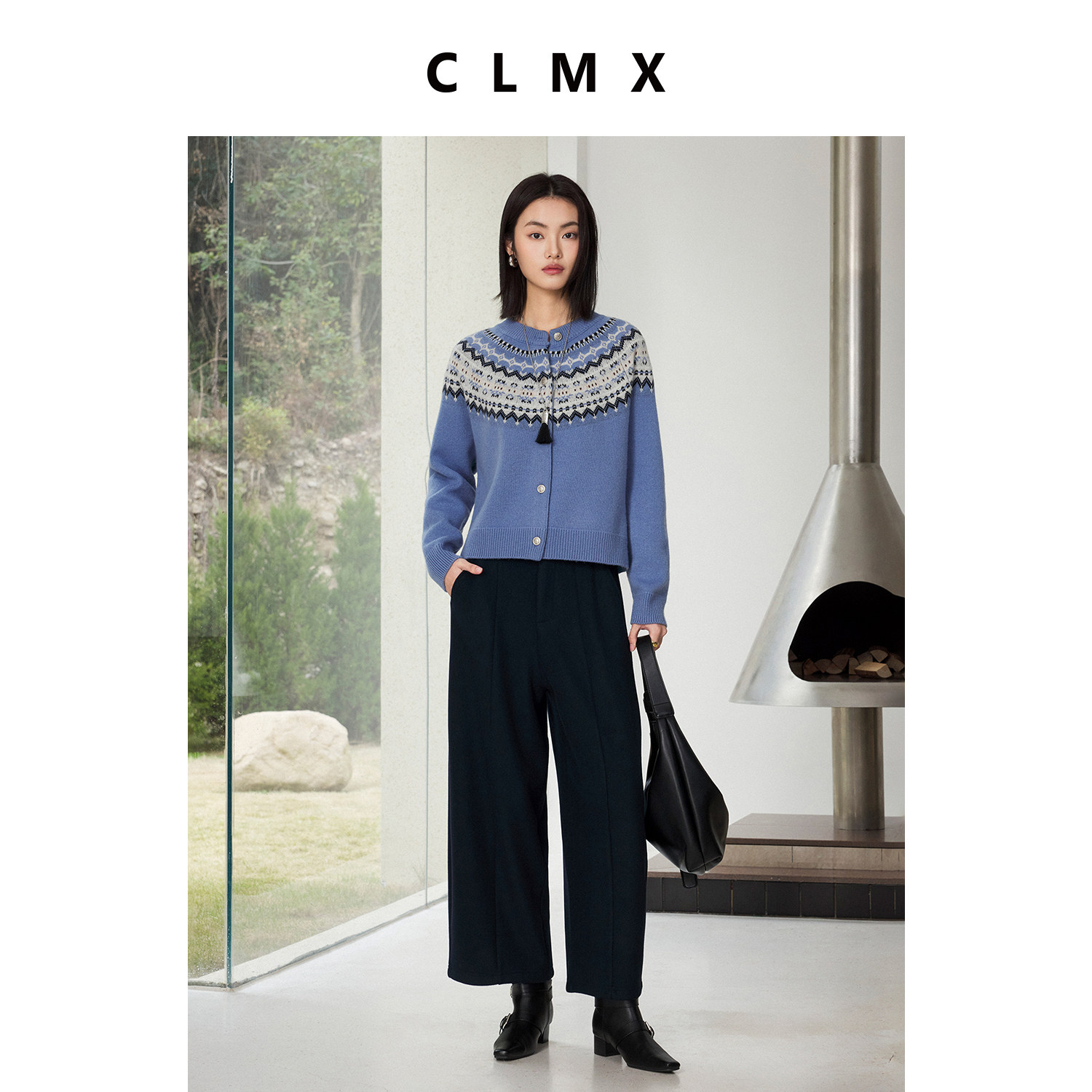 CLMX16支绵羊毛纱线圆领长袖开襟针织衫徽章银扣费尔岛提花毛衣