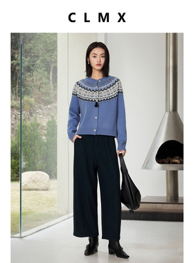 CLMX16支绵羊毛纱线圆领长袖开襟针织衫徽章银扣费尔岛提花毛衣女