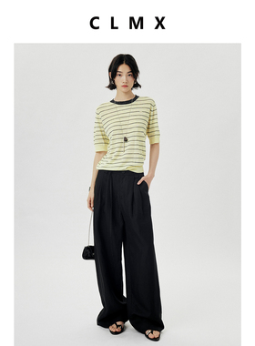 CLMX简约通勤条纹针织上衣干爽透气杂花色腈纶亚麻纱面料短袖T恤