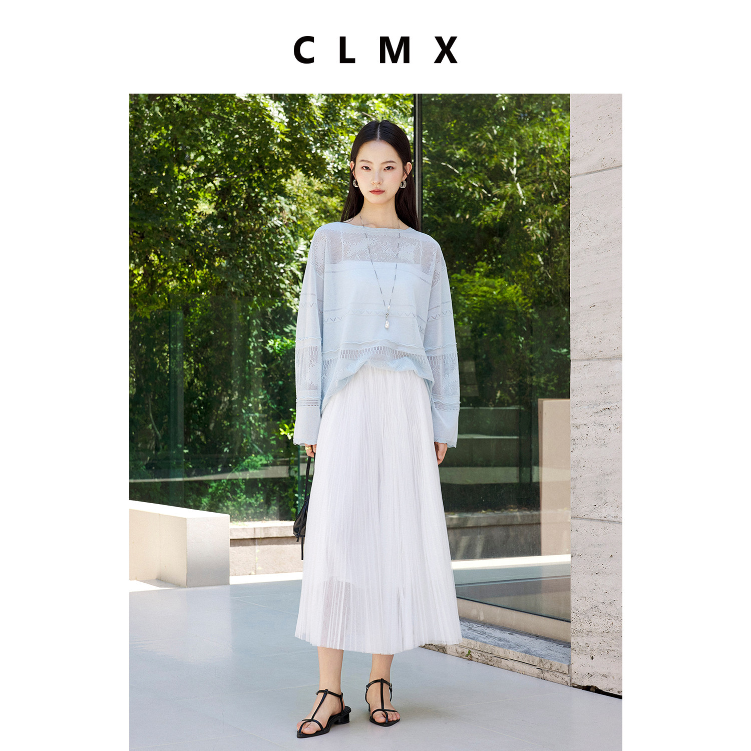 CLMX亚麻镂空长袖宽松薄款罩衫女夏季通勤高级气质慵懒针织衫上衣