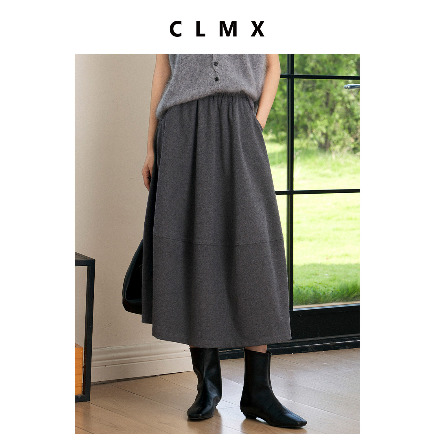 CLMX复古灰A字拼接南瓜半身裙