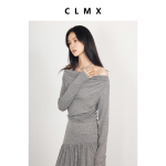 CLMX莱赛尔棉混纺两件套一字领柔美曲线针织上衣/百褶显瘦半身裙