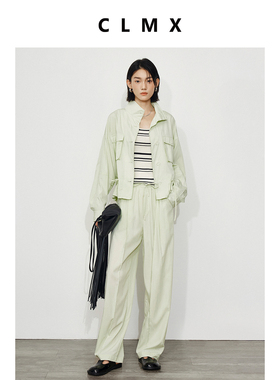 CLMX轻盈水洗微绉肌理感高密面料松弛运动风抽绳外套/直筒裤套装