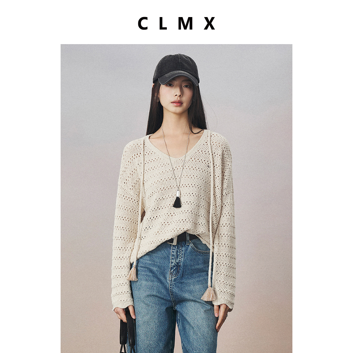 CLMX甄选干爽透气85%棉圈圈棉纱 复古镂空流苏系带V领落肩针织衫