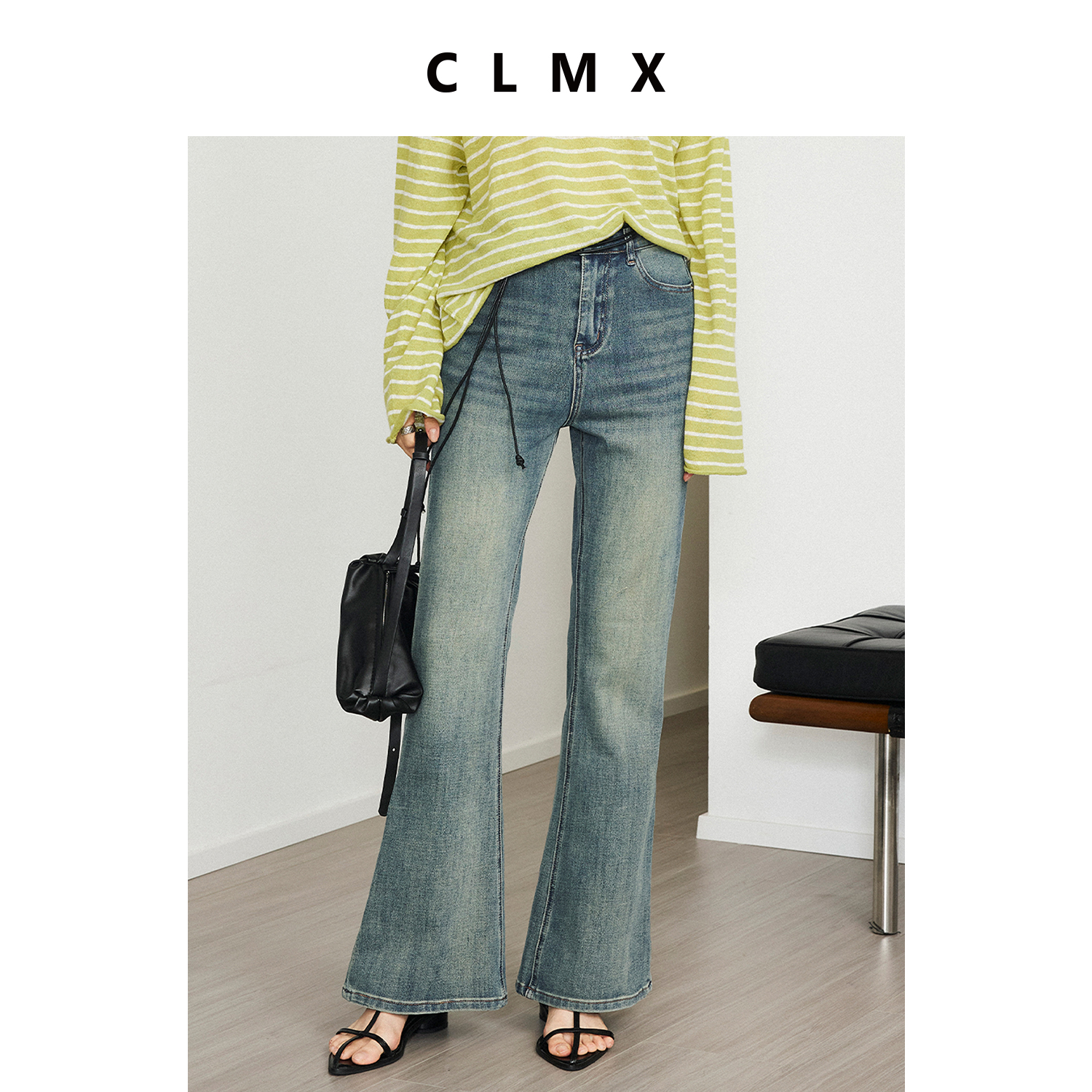 CLMX复古美式显腿长修身微喇牛仔裤做旧水洗四面微弹斜纹牛仔长裤