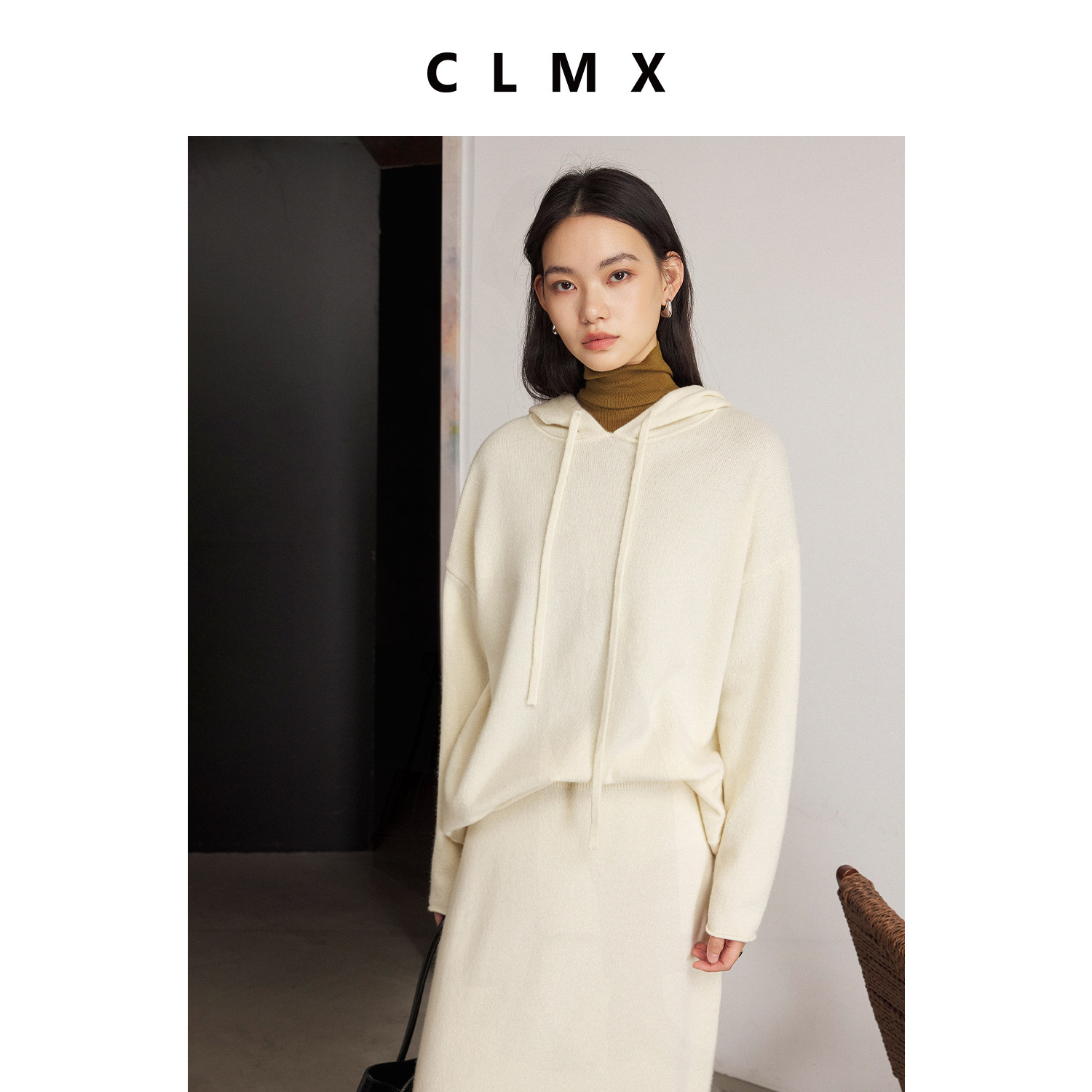 CLMX柔软亲肤16支100%羊毛纱线松弛慵懒风实穿百搭连帽毛衣+半裙