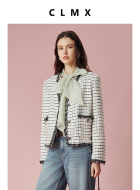 CLMX重磅立体浮雕感黑白格纹面料修饰头肩比例香风花呢V领外套