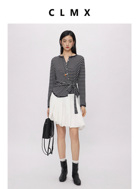 CLMX甄选14针绵羊毛混纺纱线正肩合体造型随性圆领开襟长袖针织衫