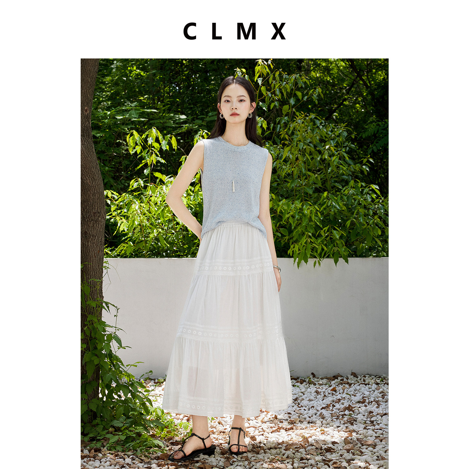 CLMX 亚麻和纸纱感蓝色圆领无袖背心女夏季通勤高级气质针织上衣