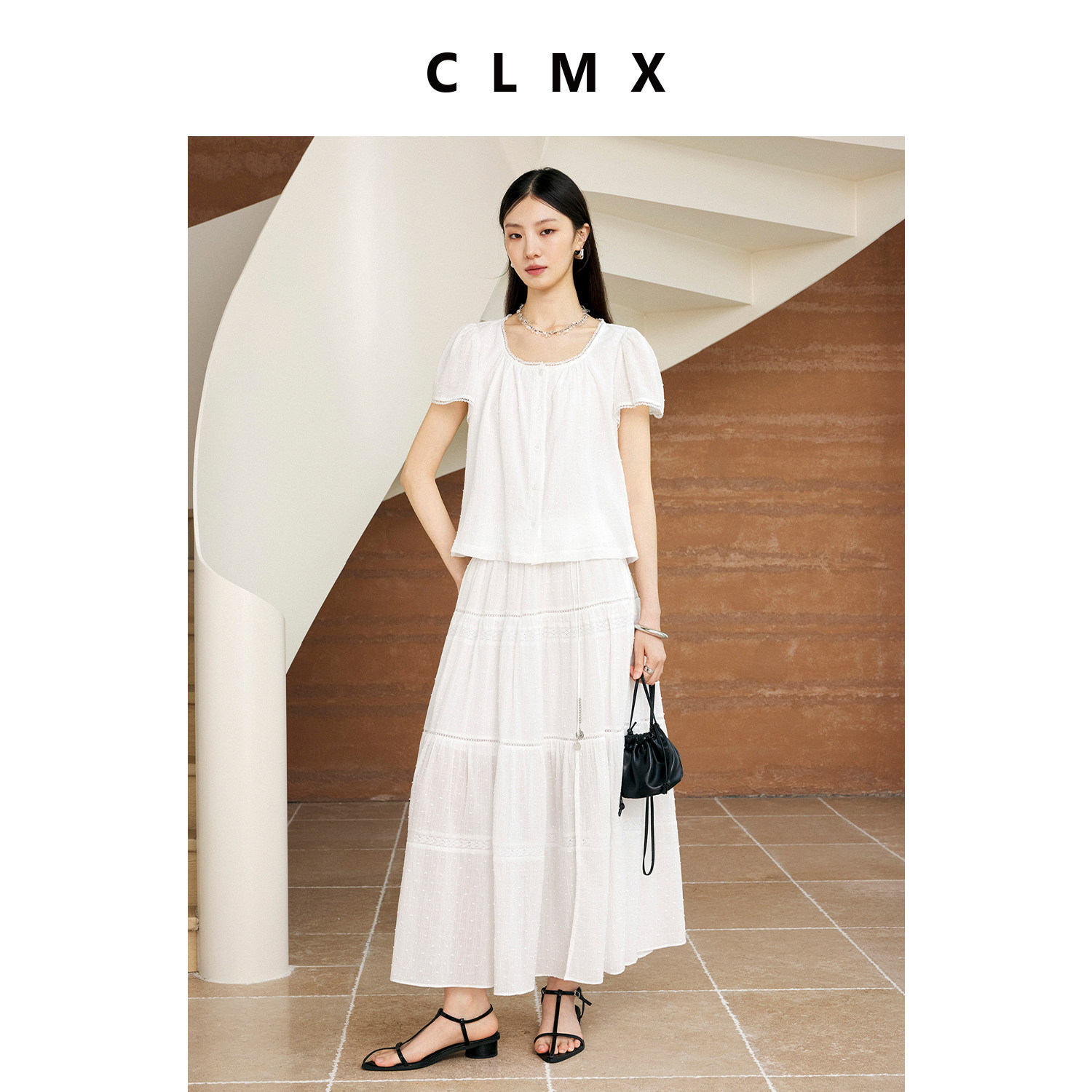 CLMX复古棉花苞袖上衣长裙套装