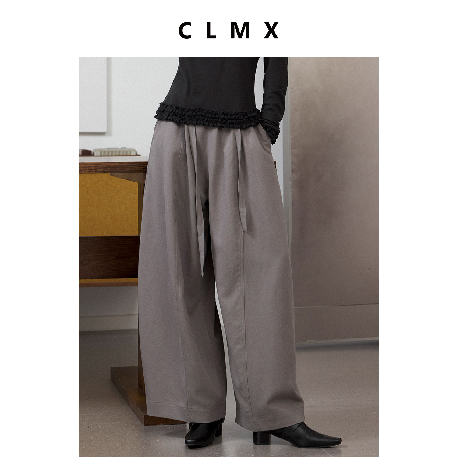 CLMX复古三色莱赛尔棉阔腿松紧腰休闲裤女春季松弛高级气质长裤子