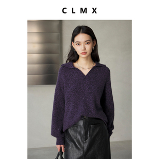 CLMX复古宽翻领小珠片花式纱宽松落肩廓形慵懒随性套头针织衫毛衣
