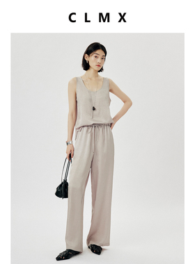 CLMX正肩宽松内搭皱感肌理缎面醋酸面料U领无袖侧又合体背心女