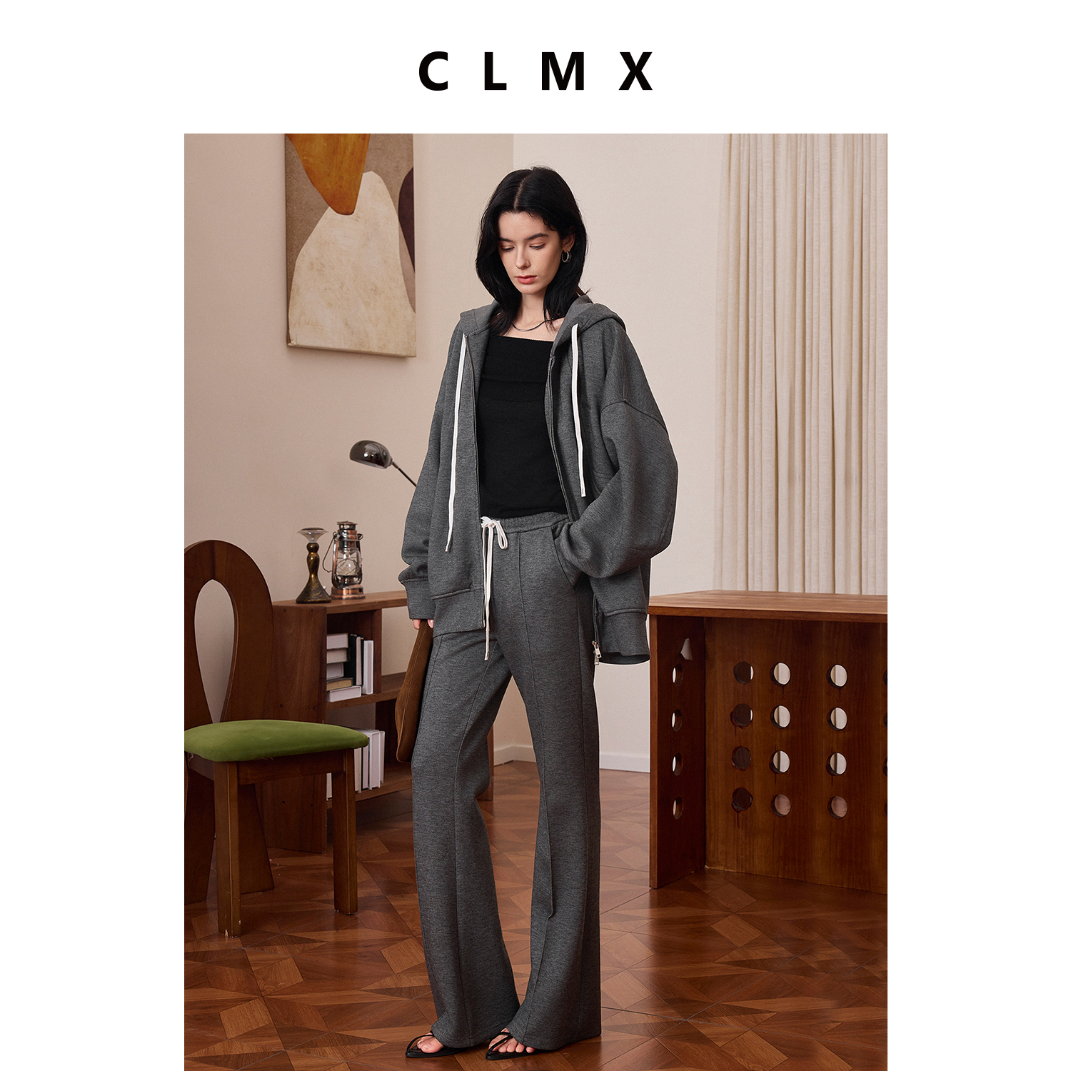 CLMX秋季宽松休闲两件套羊毛混纺复合针织布抽绳外套/微喇长裤女