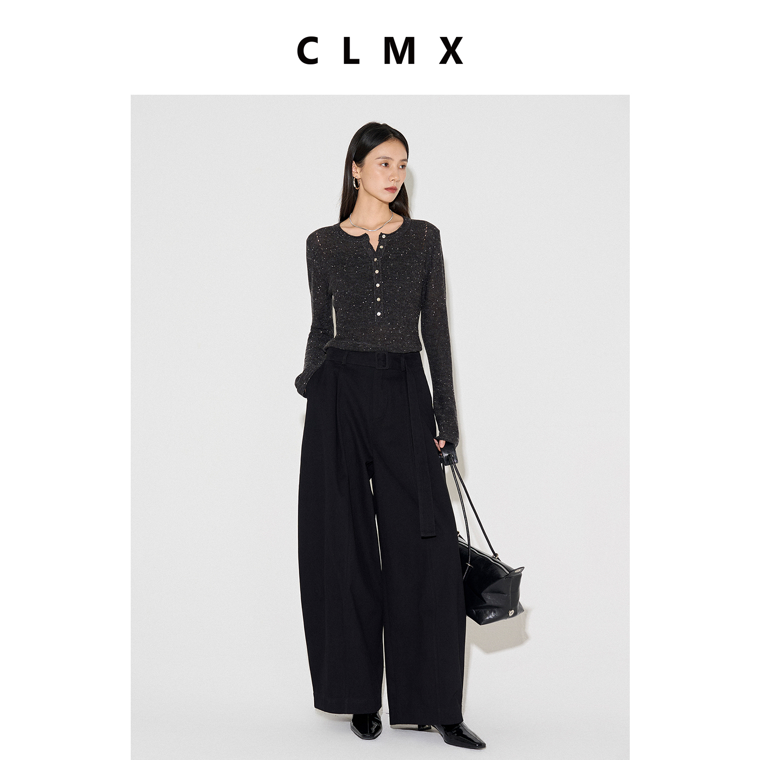 CLMX随性卷边半开襟领珠片毛衣mini珠片羊毛亚麻纱秋季休闲上衣女