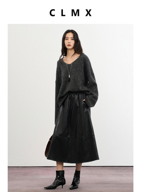 CLMX简约A字半身裙显瘦亮面水洗PU皮挺阔垂坠度秋冬通勤伞裙女