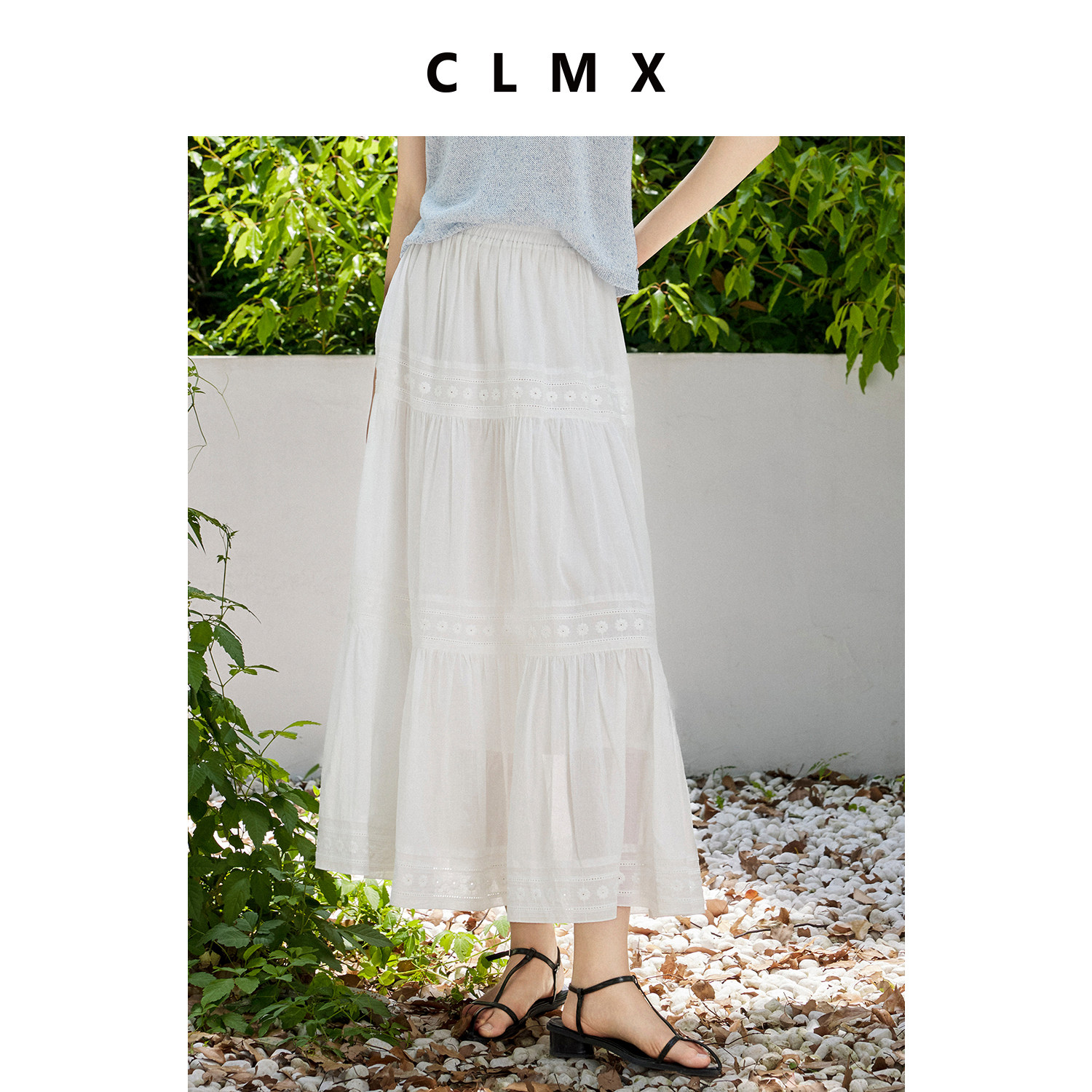 CLMX复古纯棉白色镂空刺绣拼接A字半身裙女夏季高级气质长裙子