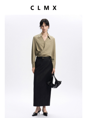 CLMX秋季通勤连腰半身裙女挺括有型凸显瘦高比例配腰带