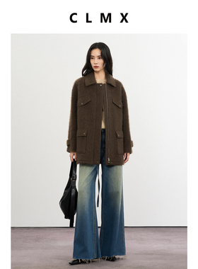 CLMX轻工装风翻领立体大袋盖拉毛大衣加厚羊毛羊绒混纺通勤外套女