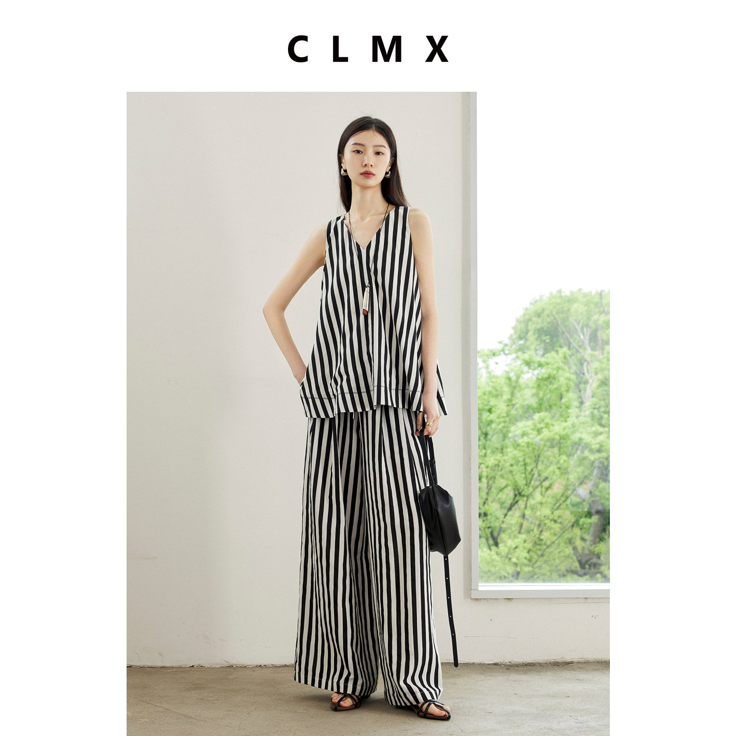 CLMX亚麻V领背心阔腿裤套装