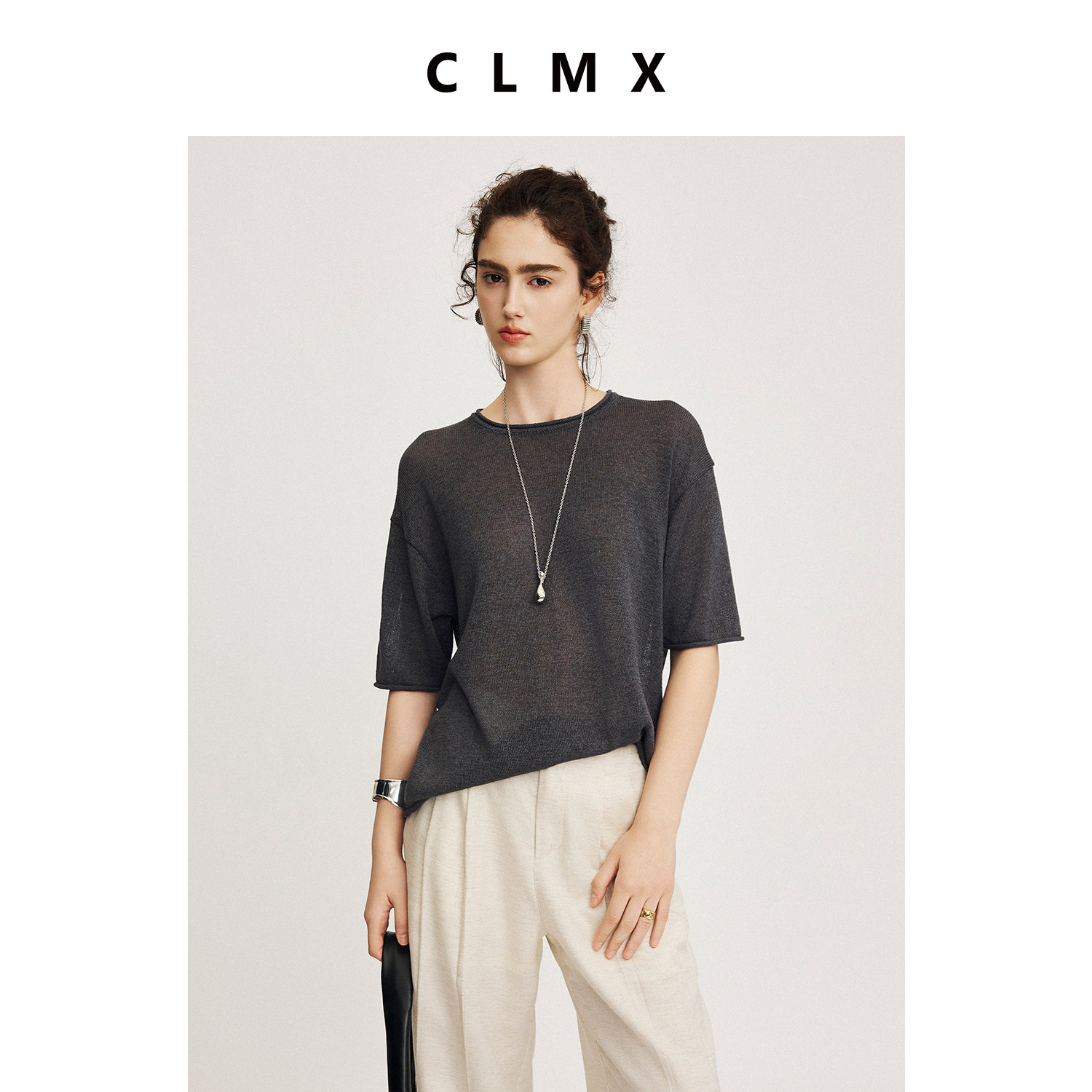 CLMX纯色简约圆领上衣透气和纸桑蚕丝莱赛尔纱系带针织短袖女