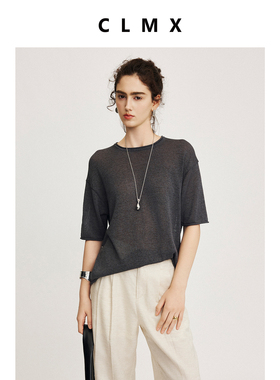 CLMX纯色简约圆领上衣透气和纸桑蚕丝莱赛尔纱系带针织短袖女