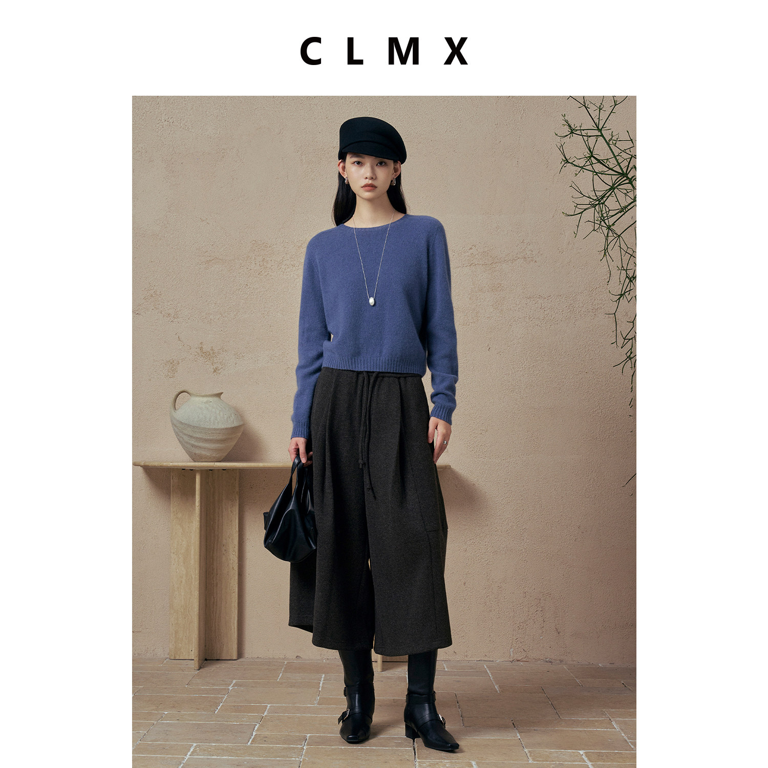 CLMX时髦多色圆领长袖短款套头针织衫绵羊毛混纺纱线秋冬通勤上衣