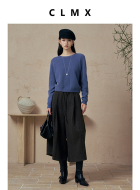 CLMX时髦多色圆领长袖短款套头针织衫绵羊毛混纺纱线秋冬通勤上衣