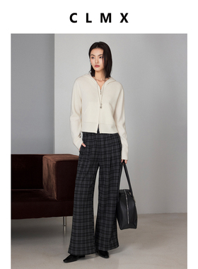 CLMX亲肤透气16支100%绵羊毛纱线休闲感连帽贴袋开襟长袖针织衫女