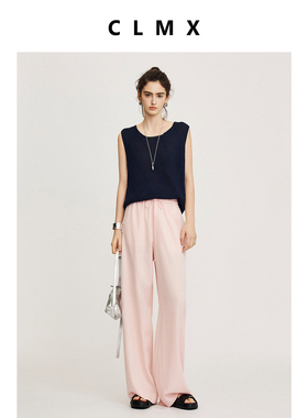 CLMX通勤圆领无袖上衣透气桑蚕丝莱赛尔混纺面料菱形针织背心女