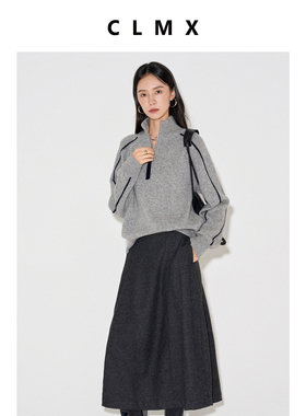 CLMX格雷系后腰松紧量感A摆半身裙挺括有型羊毛混纺斜纹薄呢裙子