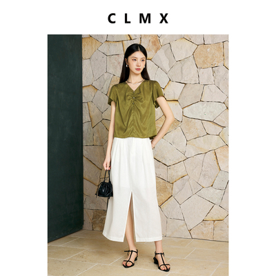 CLMX亚麻棉V领压褶短袖衬衫女
