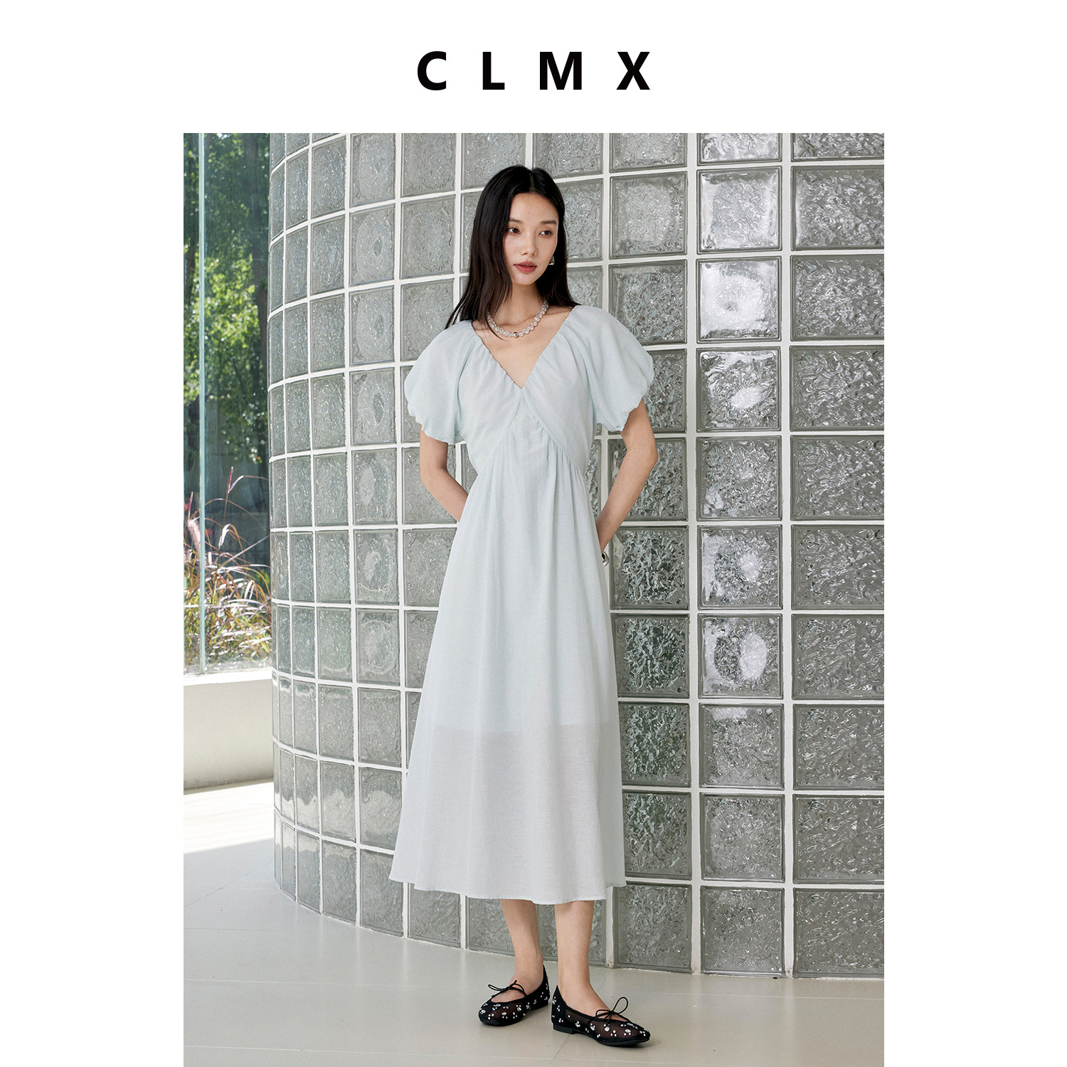 CLMX亚麻棉V领收腰A字连衣裙